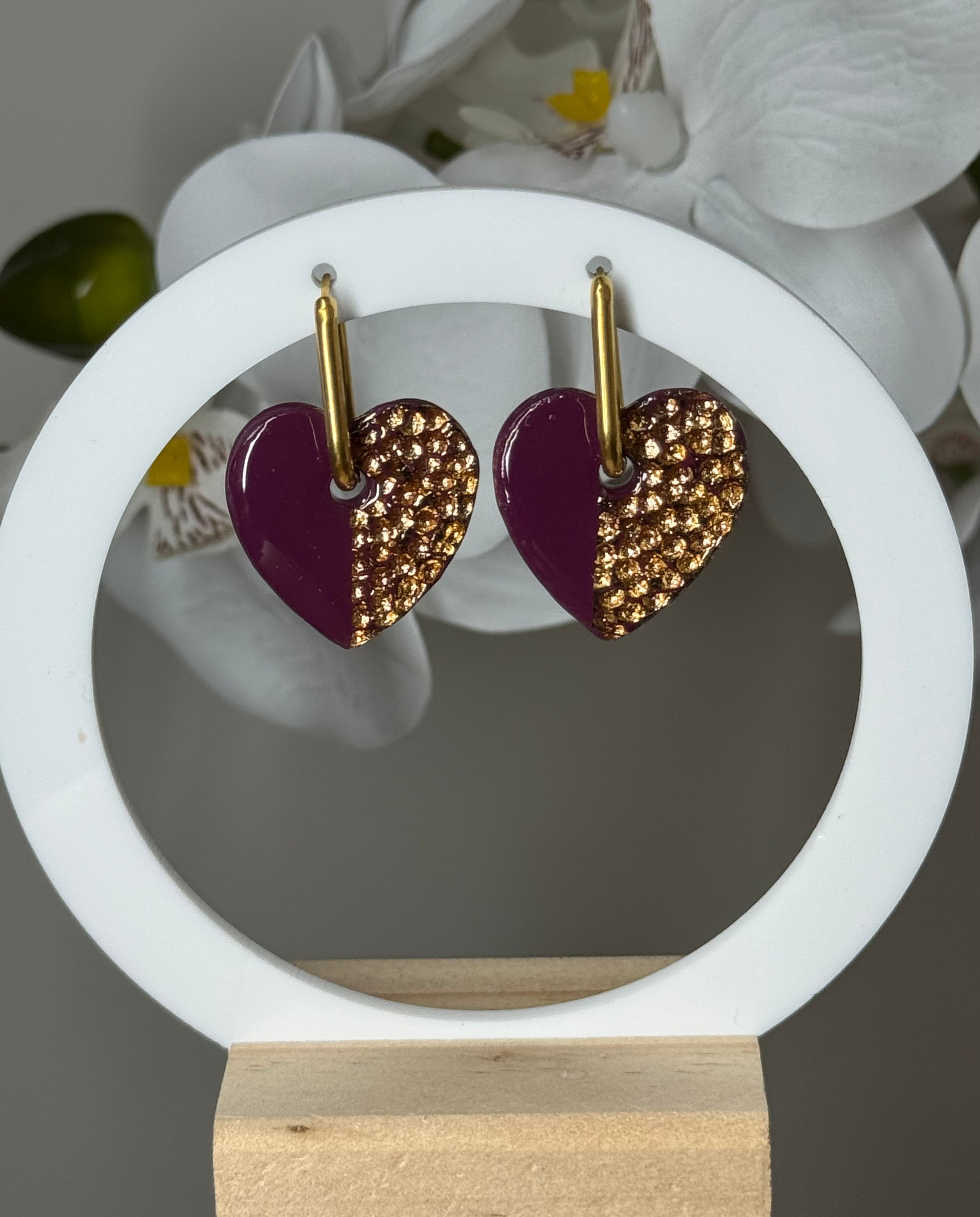 Gros coeur bordeaux martelé doré